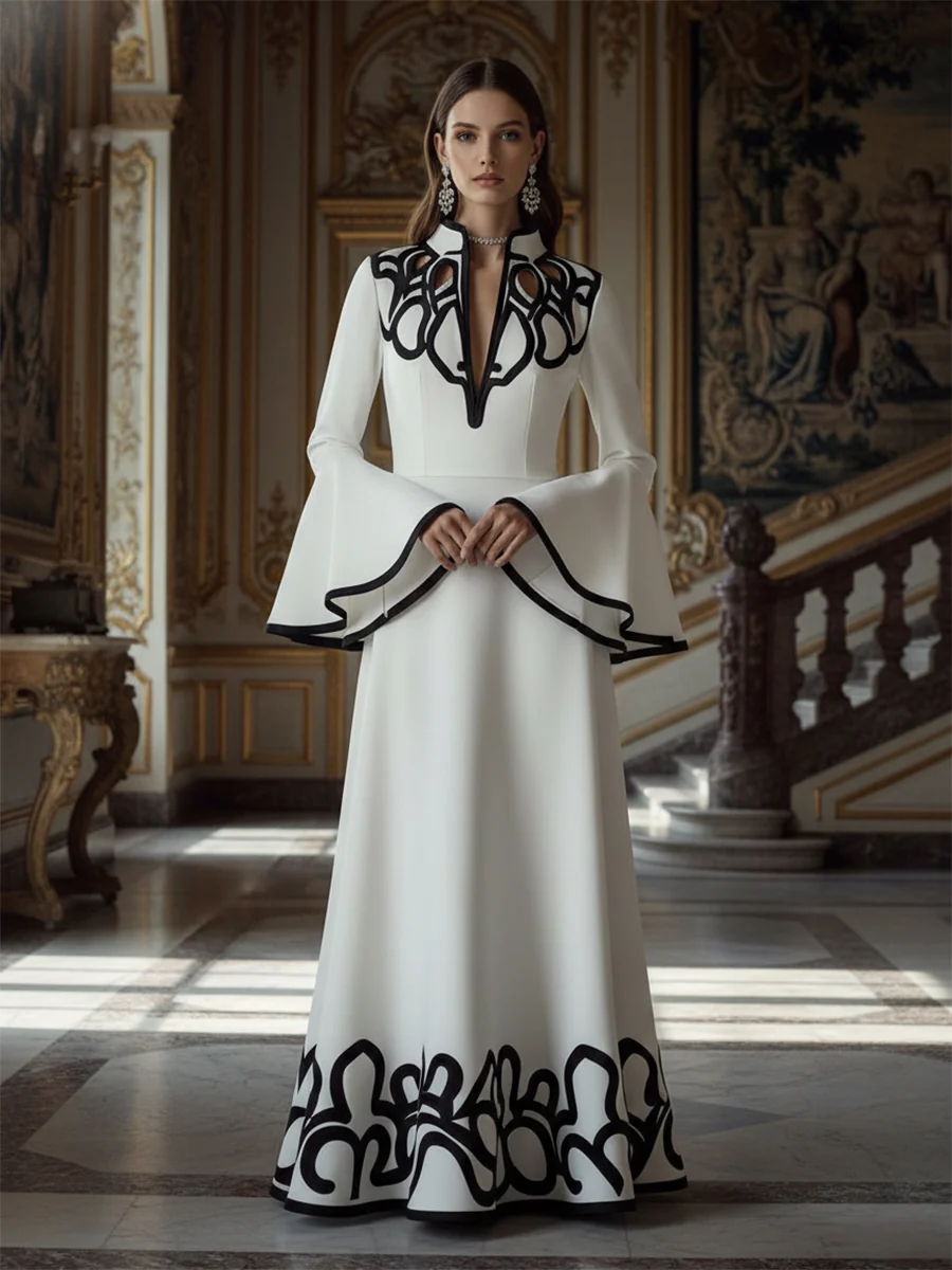 A-Line Flared Sleeves Abstract Printed Contrast Color Hollow Line Split-Joint Stand Collar Maxi Dresses - Image 7