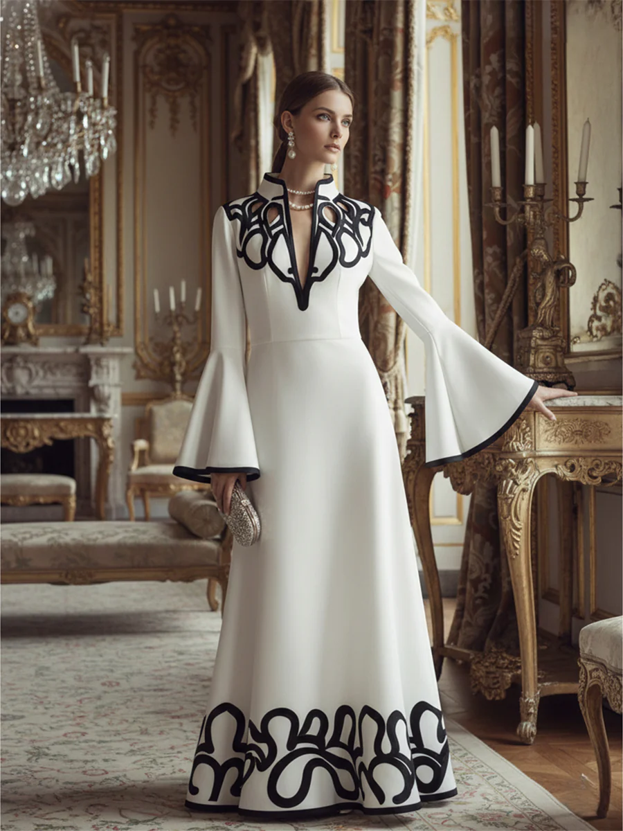 A-Line Flared Sleeves Abstract Printed Contrast Color Hollow Line Split-Joint Stand Collar Maxi Dresses - Image 8