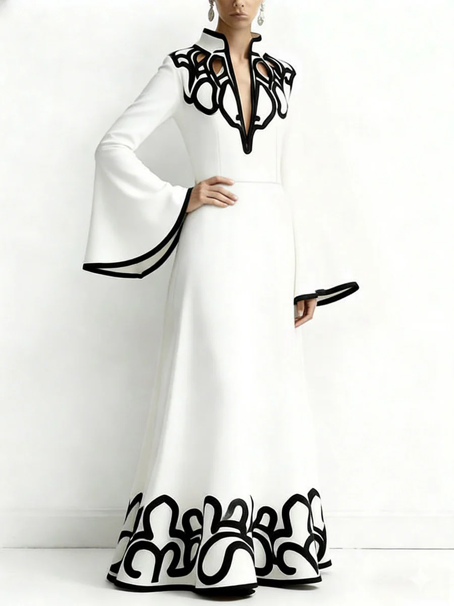 A-Line Flared Sleeves Abstract Printed Contrast Color Hollow Line Split-Joint Stand Collar Maxi Dresses - Image 9