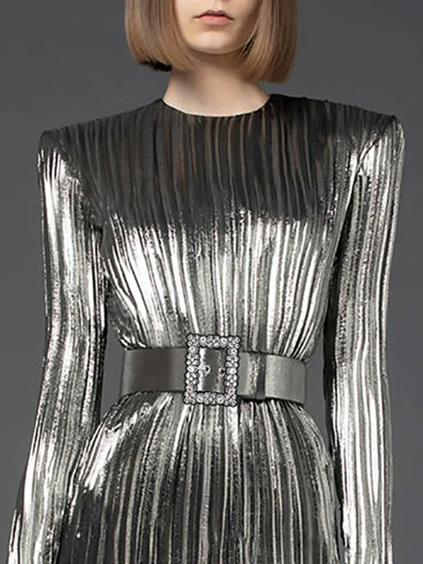 A-Line Flared Sleeves Belted Pleated Solid Color Round-Neck Mini Dresses - Image 2