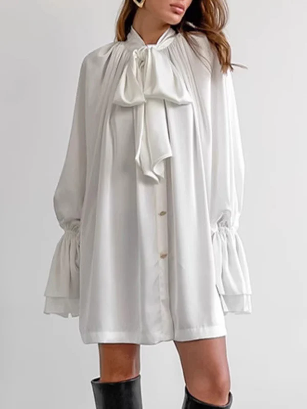 A-Line Flared Sleeves Buttoned Elasticity Pleated Solid Color Tied Zipper Stand Collar Mini Dresses - Image 10
