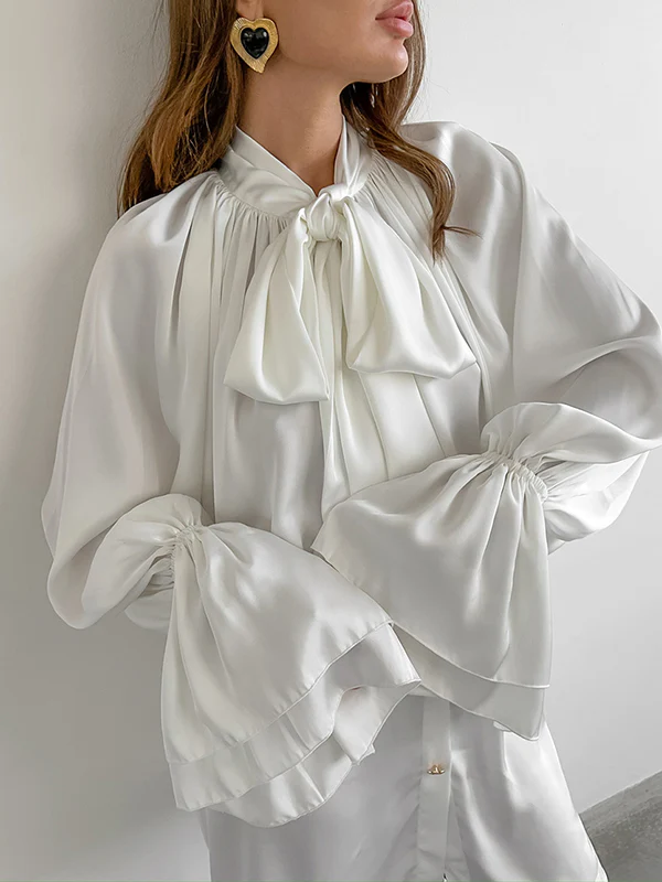 A-Line Flared Sleeves Buttoned Elasticity Pleated Solid Color Tied Zipper Stand Collar Mini Dresses - Image 11