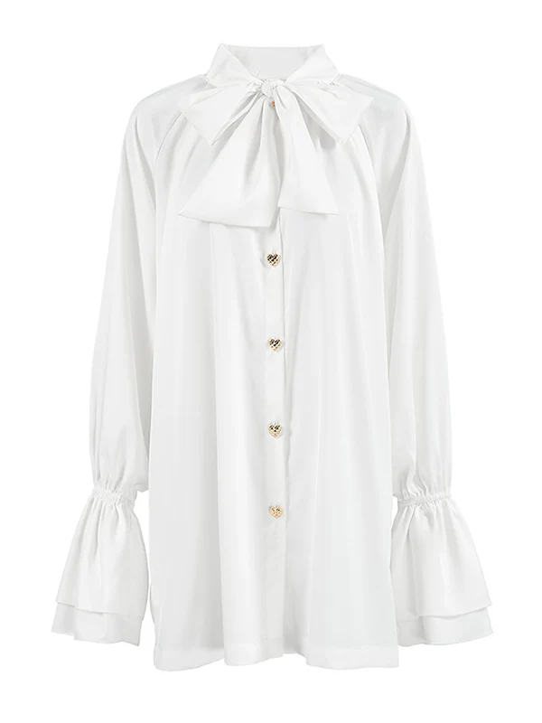 A-Line Flared Sleeves Buttoned Elasticity Pleated Solid Color Tied Zipper Stand Collar Mini Dresses - Image 15