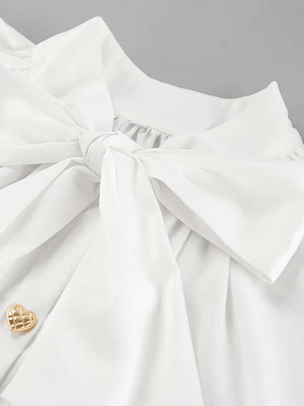A-Line Flared Sleeves Buttoned Elasticity Pleated Solid Color Tied Zipper Stand Collar Mini Dresses - Image 17