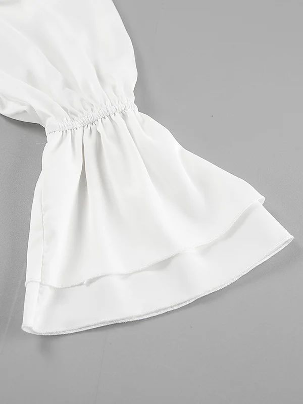 A-Line Flared Sleeves Buttoned Elasticity Pleated Solid Color Tied Zipper Stand Collar Mini Dresses - Image 18