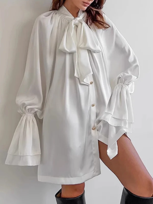 A-Line Flared Sleeves Buttoned Elasticity Pleated Solid Color Tied Zipper Stand Collar Mini Dresses - Image 2