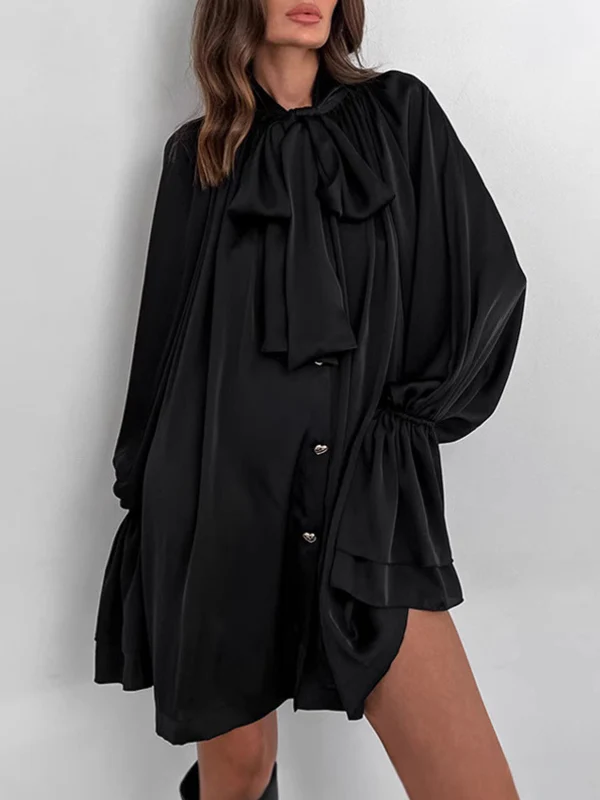 A-Line Flared Sleeves Buttoned Elasticity Pleated Solid Color Tied Zipper Stand Collar Mini Dresses - Image 3
