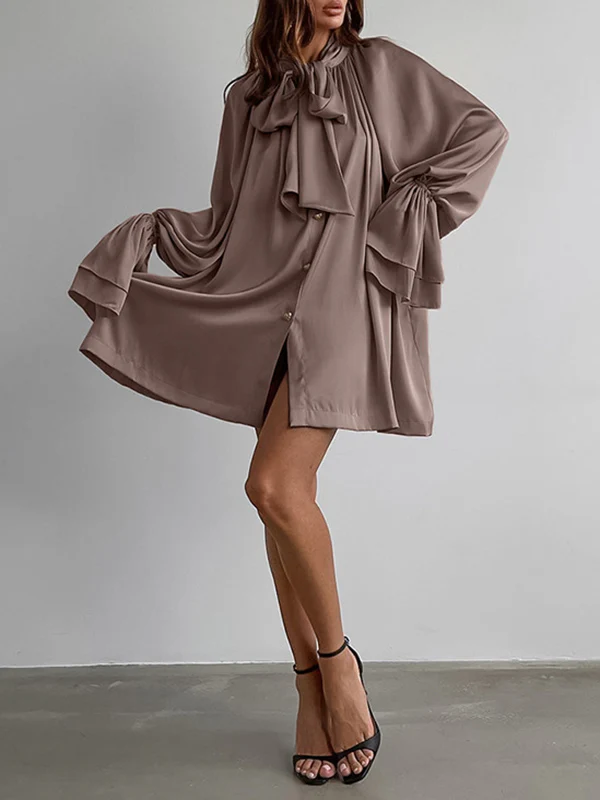 A-Line Flared Sleeves Buttoned Elasticity Pleated Solid Color Tied Zipper Stand Collar Mini Dresses - Image 6