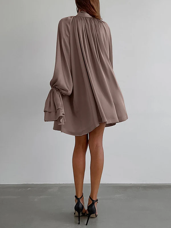 A-Line Flared Sleeves Buttoned Elasticity Pleated Solid Color Tied Zipper Stand Collar Mini Dresses - Image 7