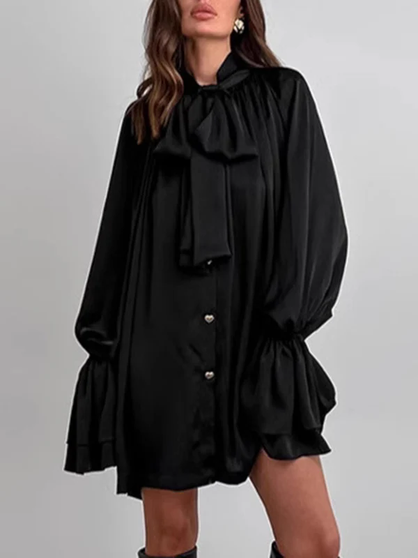 A-Line Flared Sleeves Buttoned Elasticity Pleated Solid Color Tied Zipper Stand Collar Mini Dresses - Image 8
