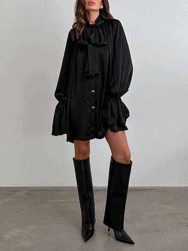 A-Line Flared Sleeves Buttoned Elasticity Pleated Solid Color Tied Zipper Stand Collar Mini Dresses - Image 9