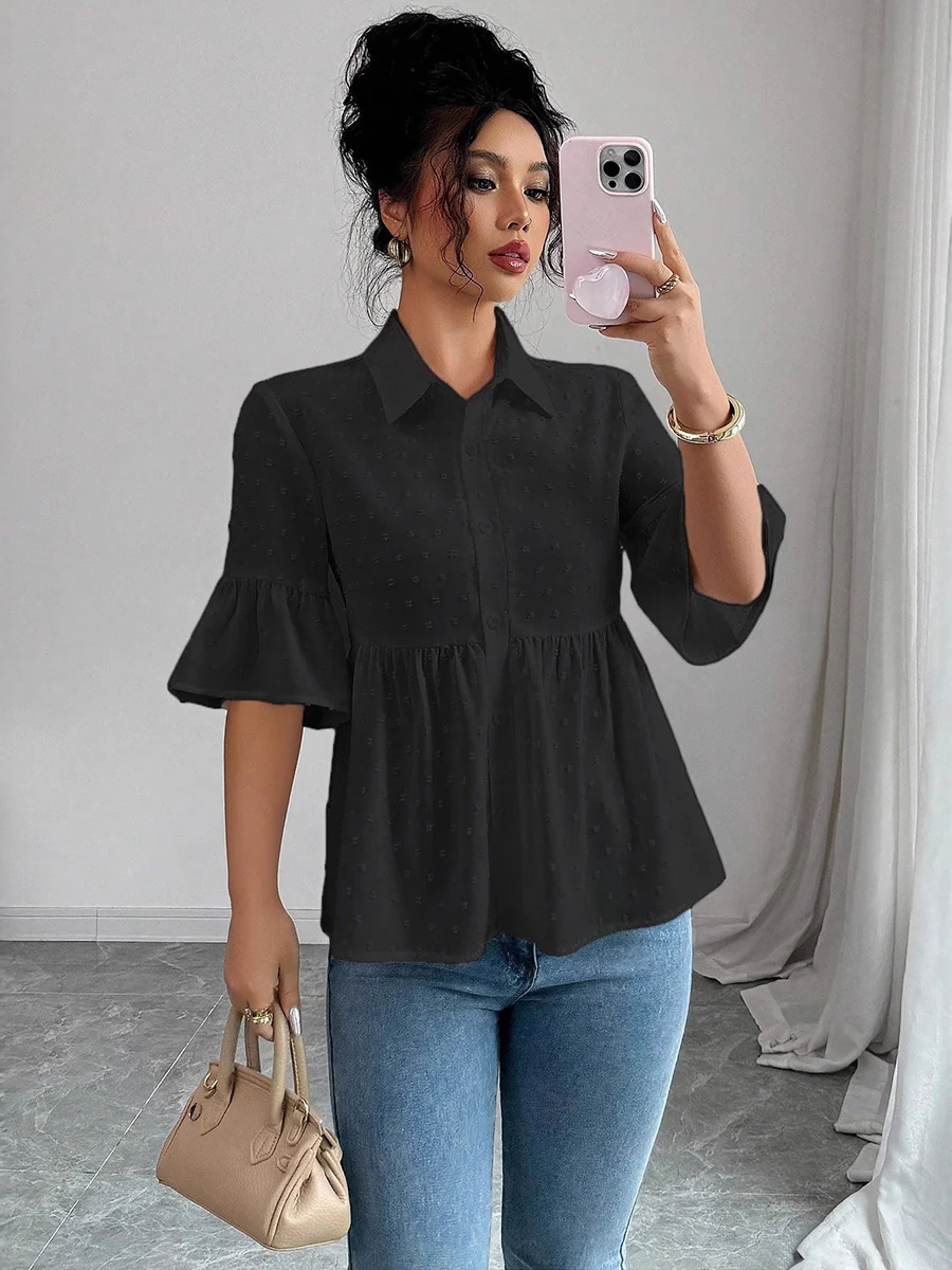 A-Line Flared Sleeves Buttoned Jacquard Pleated Solid Color Lapel Blouses&Shirts Tops - Image 2