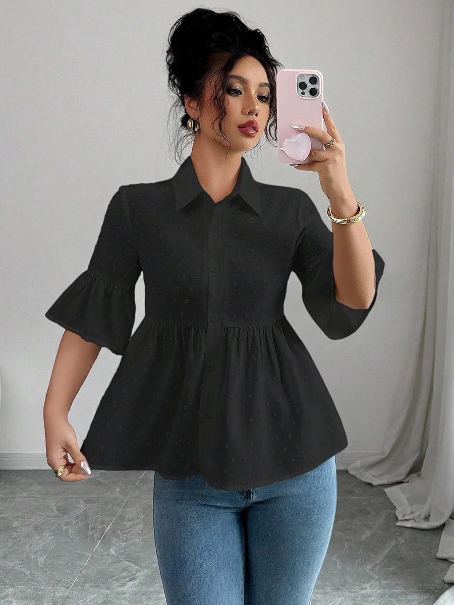 A-Line Flared Sleeves Buttoned Jacquard Pleated Solid Color Lapel Blouses&Shirts Tops - Image 3