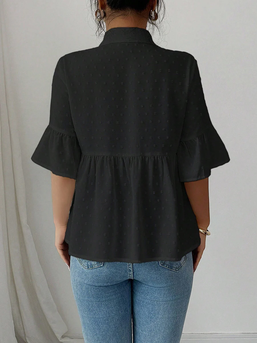 A-Line Flared Sleeves Buttoned Jacquard Pleated Solid Color Lapel Blouses&Shirts Tops - Image 4