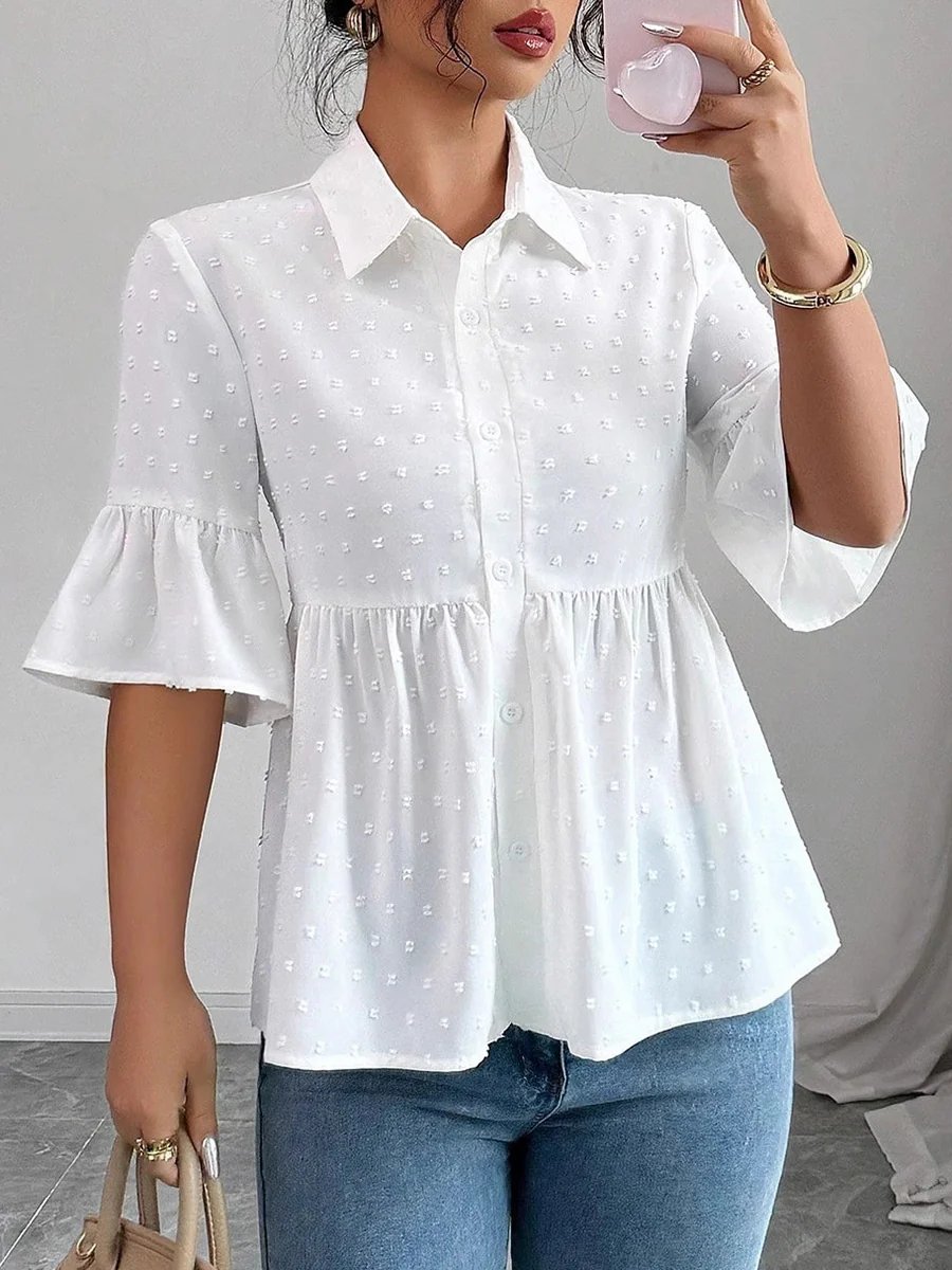 A-Line Flared Sleeves Buttoned Jacquard Pleated Solid Color Lapel Blouses&Shirts Tops - Image 5