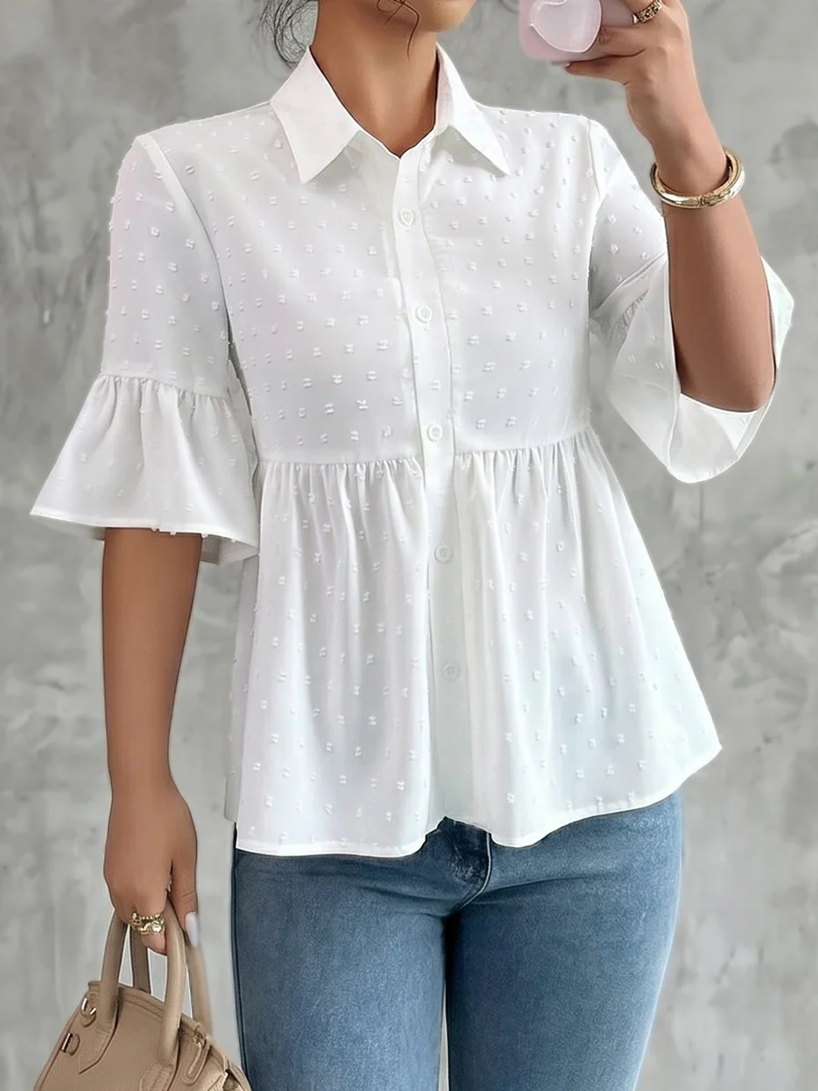 A-Line Flared Sleeves Buttoned Jacquard Pleated Solid Color Lapel Blouses&Shirts Tops - Image 6