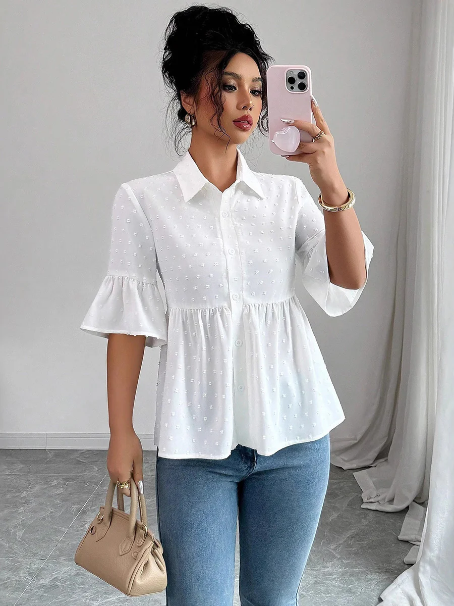 A-Line Flared Sleeves Buttoned Jacquard Pleated Solid Color Lapel Blouses&Shirts Tops - Image 7