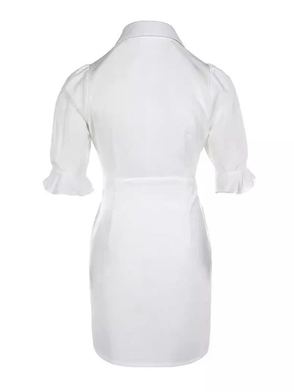 A-Line Flared Sleeves Buttoned Pleated Pockets Solid Color Split-Joint Lapel Mini Dresses Shirt Dress - Image 3