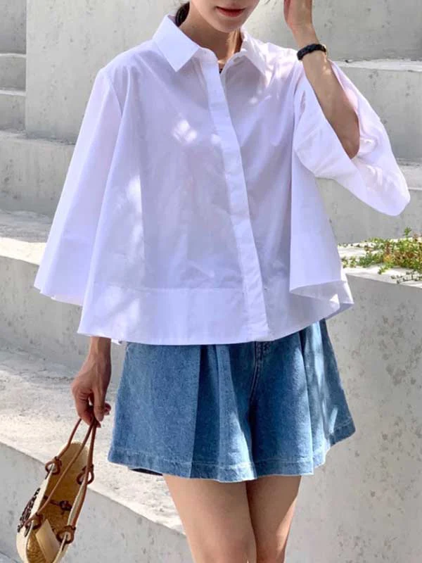A-Line Flared Sleeves Buttoned Pleated Solid Color Lapel Blouses&Shirts Tops - Image 2