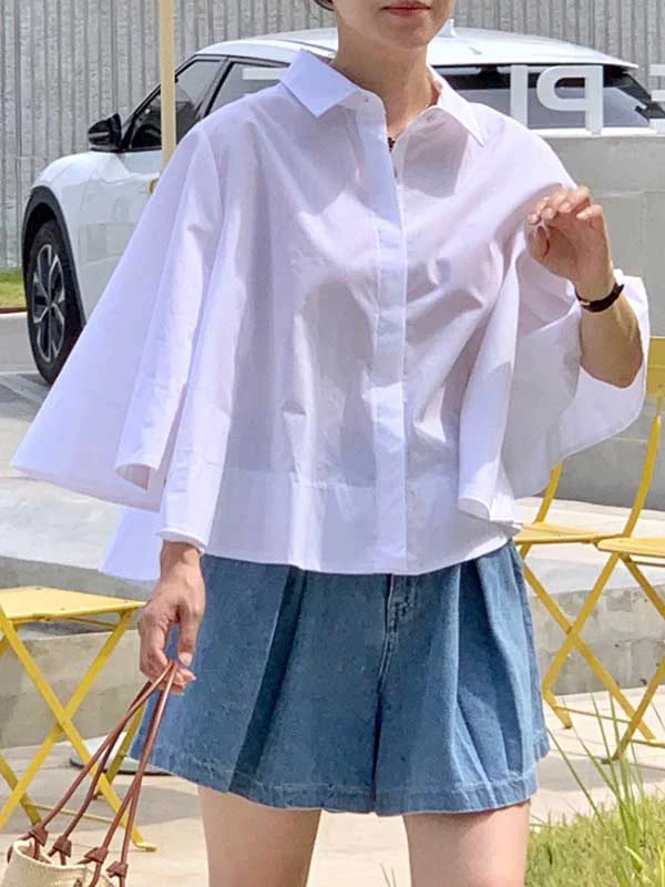 A-Line Flared Sleeves Buttoned Pleated Solid Color Lapel Blouses&Shirts Tops - Image 3