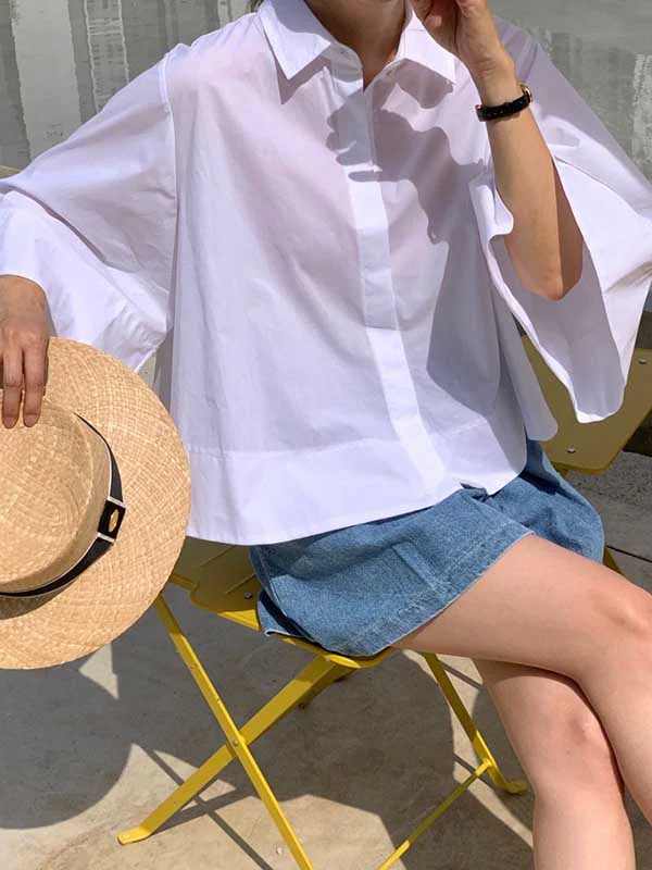 A-Line Flared Sleeves Buttoned Pleated Solid Color Lapel Blouses&Shirts Tops - Image 4