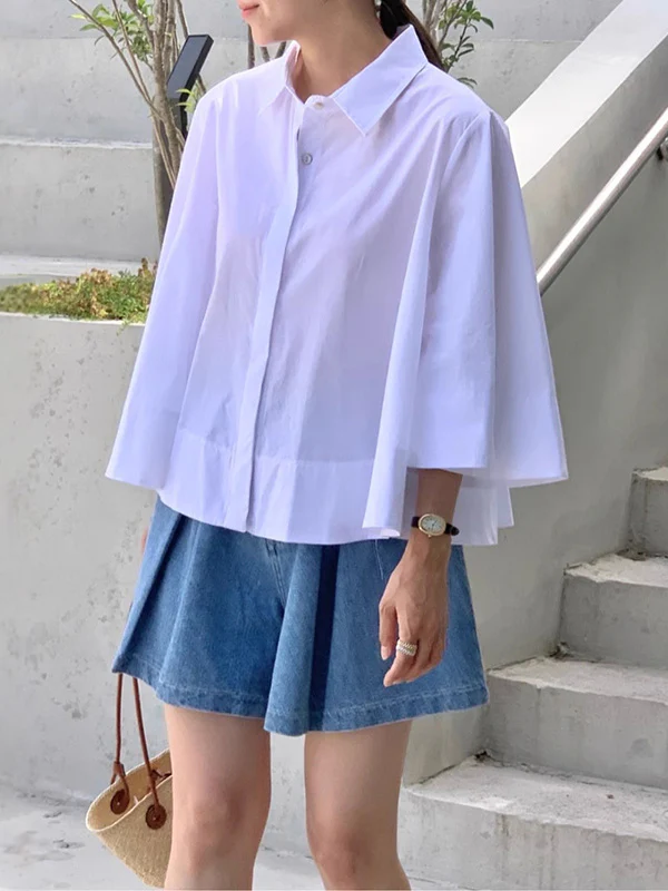 A-Line Flared Sleeves Buttoned Pleated Solid Color Lapel Blouses&Shirts Tops - Image 5
