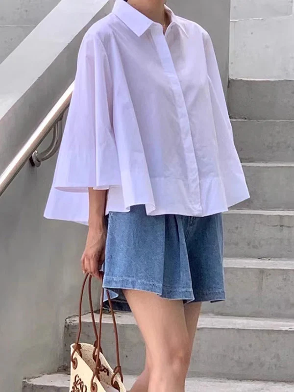 A-Line Flared Sleeves Buttoned Pleated Solid Color Lapel Blouses&Shirts Tops - Image 6