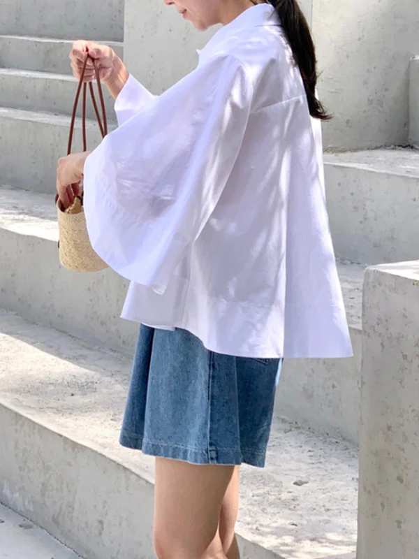 A-Line Flared Sleeves Buttoned Pleated Solid Color Lapel Blouses&Shirts Tops - Image 7