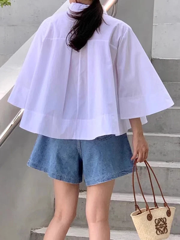 A-Line Flared Sleeves Buttoned Pleated Solid Color Lapel Blouses&Shirts Tops - Image 8