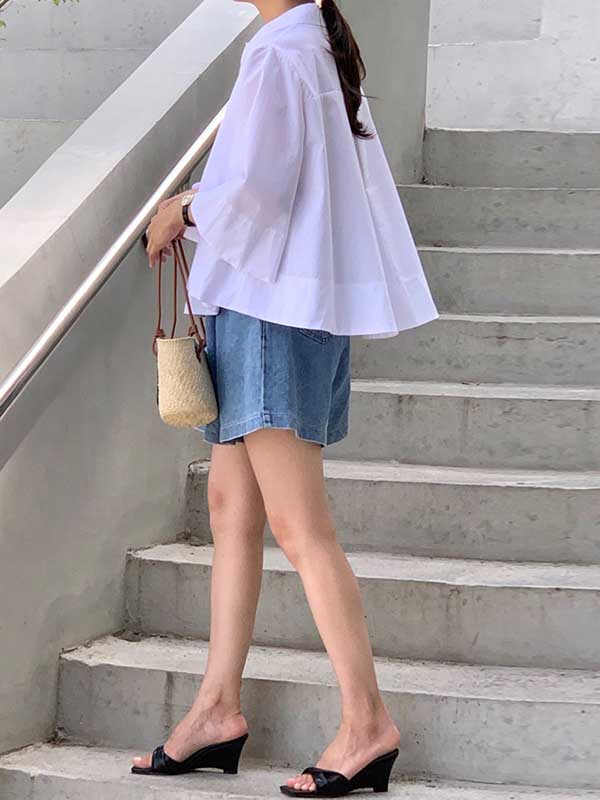 A-Line Flared Sleeves Buttoned Pleated Solid Color Lapel Blouses&Shirts Tops - Image 9