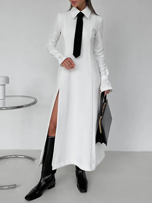 A-Line Flared Sleeves Buttoned Solid Color Split-Joint Split-Side Lapel Maxi Dresses Shirt Dress - Image 2
