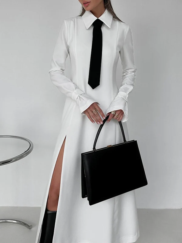 A-Line Flared Sleeves Buttoned Solid Color Split-Joint Split-Side Lapel Maxi Dresses Shirt Dress - Image 3