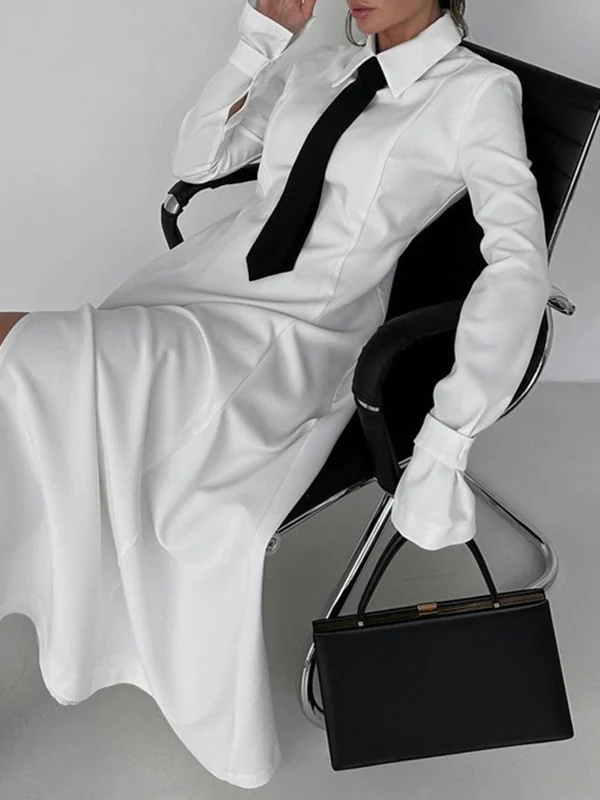 A-Line Flared Sleeves Buttoned Solid Color Split-Joint Split-Side Lapel Maxi Dresses Shirt Dress - Image 4