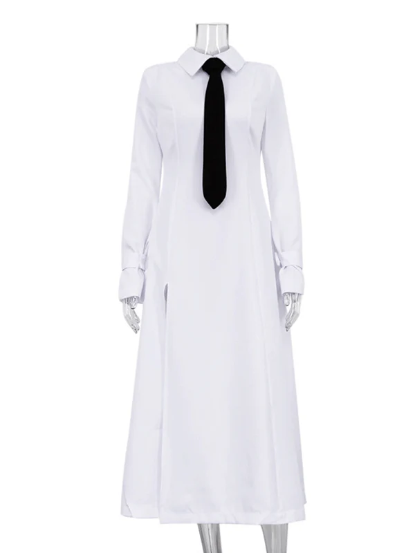 A-Line Flared Sleeves Buttoned Solid Color Split-Joint Split-Side Lapel Maxi Dresses Shirt Dress - Image 5