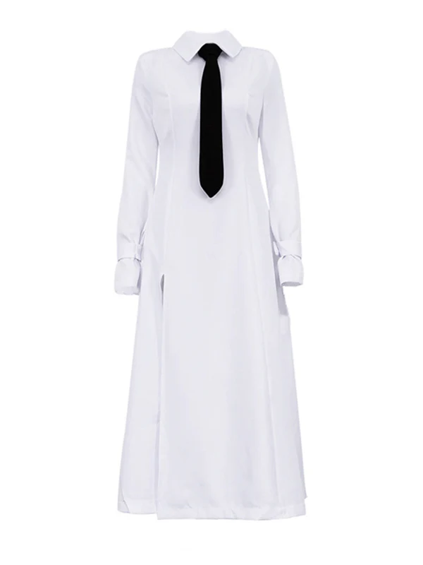 A-Line Flared Sleeves Buttoned Solid Color Split-Joint Split-Side Lapel Maxi Dresses Shirt Dress - Image 7