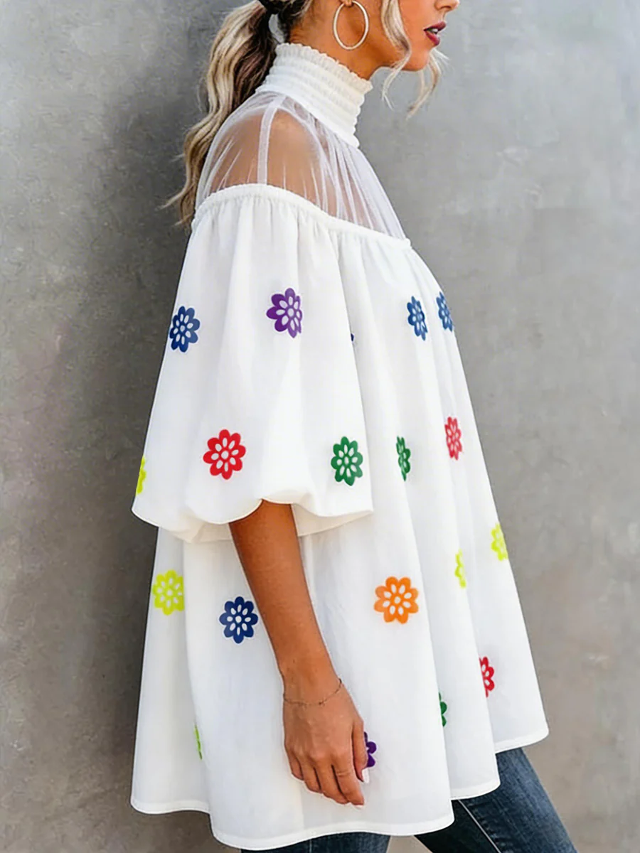 A-line Flared Sleeves Contrast Color Flower Print Pleated See-Through Split-Joint High Neck Blouses&shirts Tops - Image 2