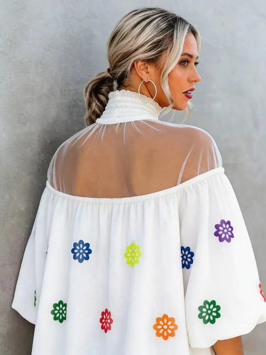 A-line Flared Sleeves Contrast Color Flower Print Pleated See-Through Split-Joint High Neck Blouses&shirts Tops - Image 3