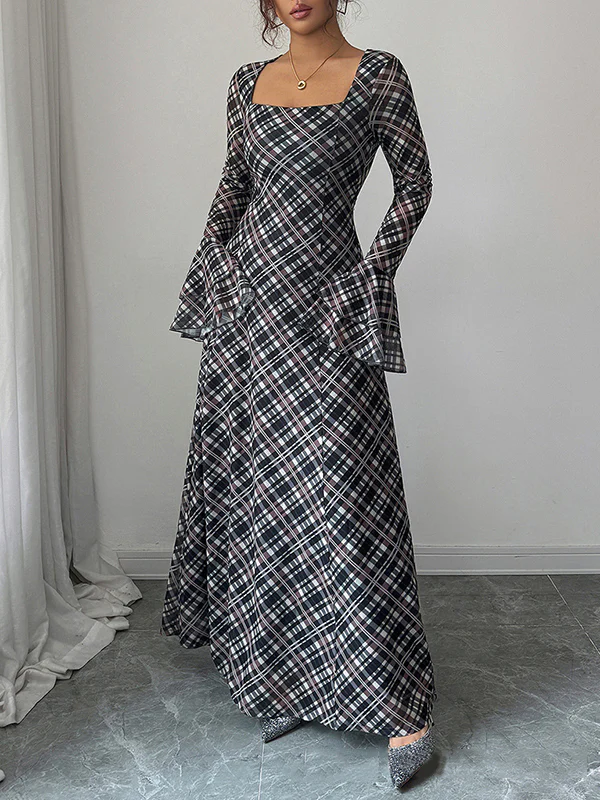 A-Line Flared Sleeves Contrast Color High-Waisted Plaid Square-Neck Maxi Dresses - Image 2