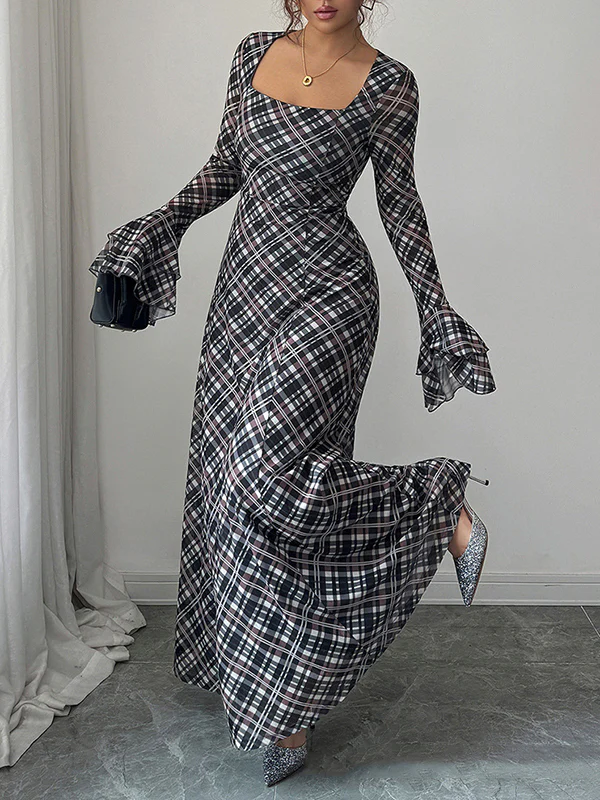 A-Line Flared Sleeves Contrast Color High-Waisted Plaid Square-Neck Maxi Dresses - Image 3