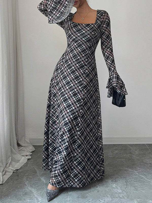 A-Line Flared Sleeves Contrast Color High-Waisted Plaid Square-Neck Maxi Dresses - Image 4