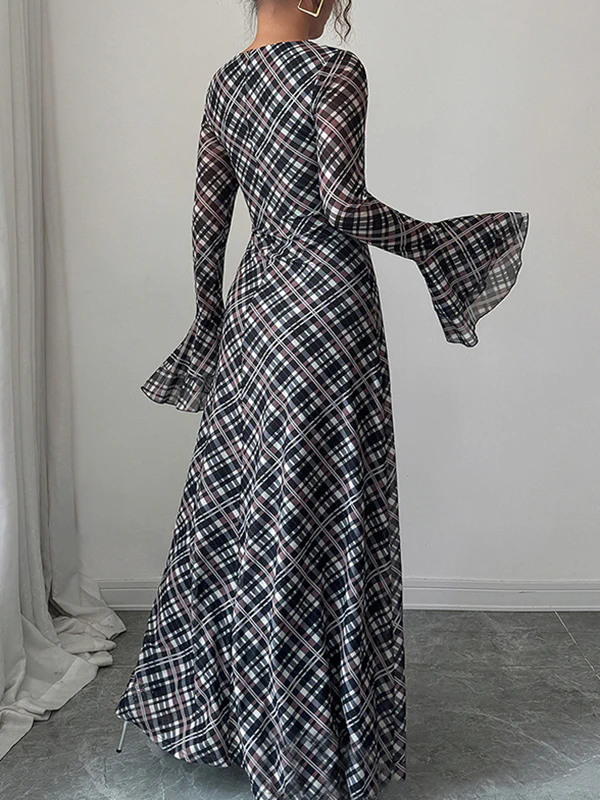 A-Line Flared Sleeves Contrast Color High-Waisted Plaid Square-Neck Maxi Dresses - Image 5