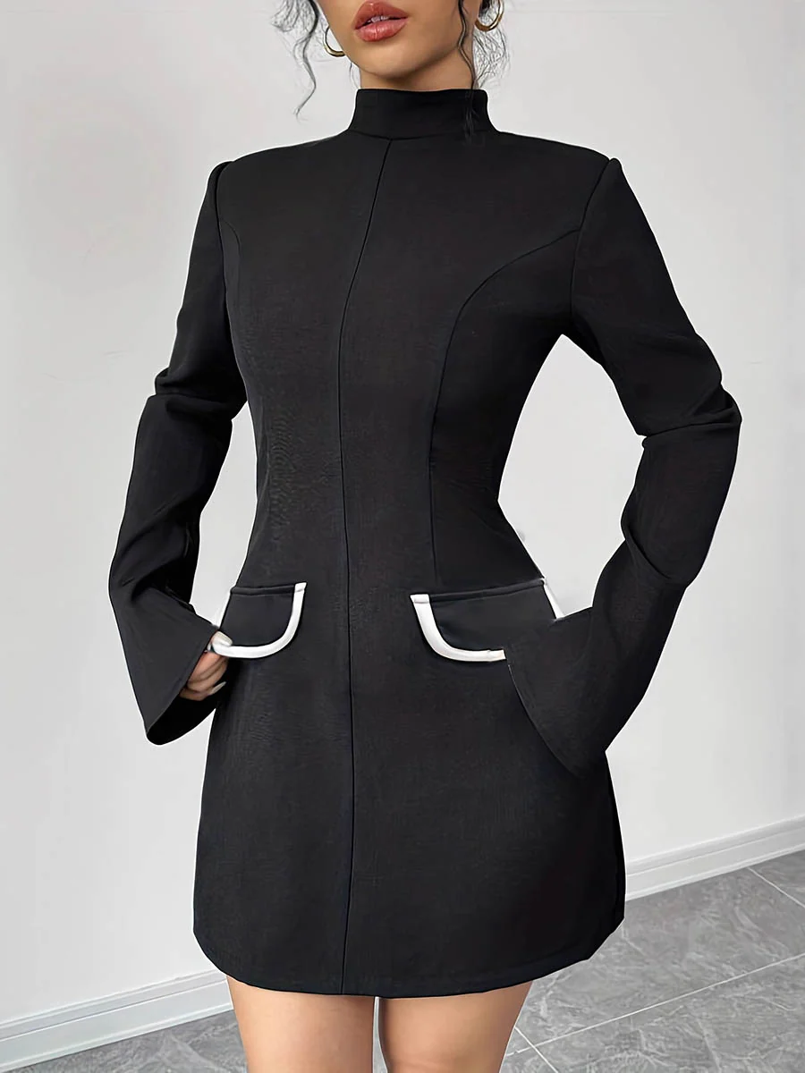 A-Line Flared Sleeves Contrast Color Pockets Split-Joint Zipper Mock Neck Mini Dresses - Image 3