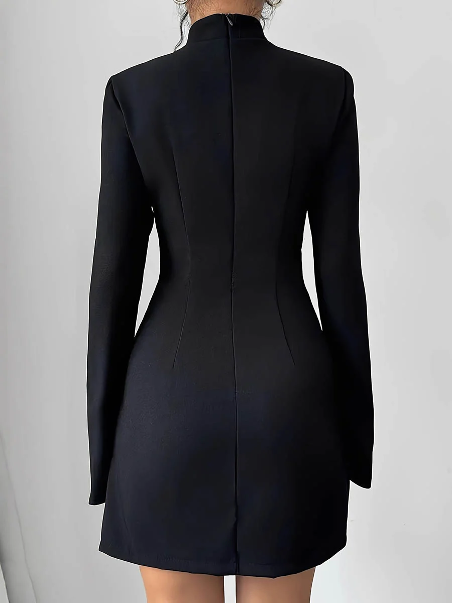 A-Line Flared Sleeves Contrast Color Pockets Split-Joint Zipper Mock Neck Mini Dresses - Image 4