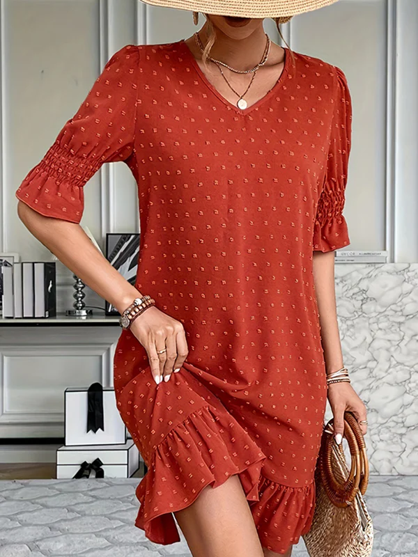 A-Line Flared Sleeves Elasticity Jacquard Pleated Solid Color Split-Joint V-Neck Mini Dresses - Image 10