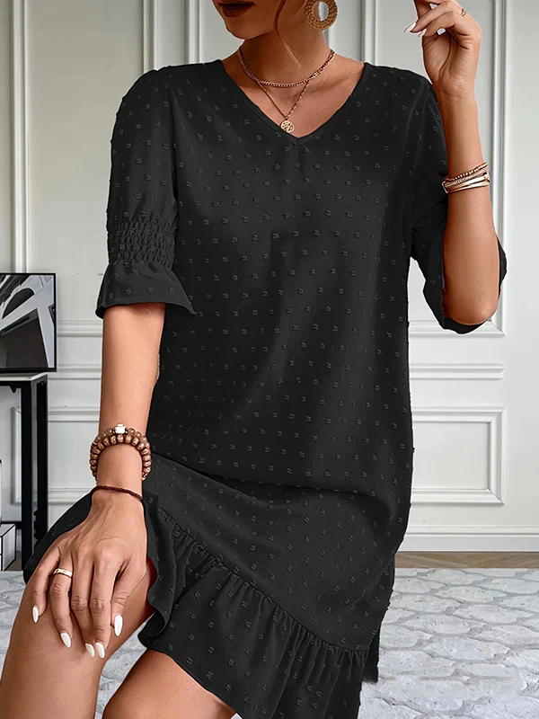 A-Line Flared Sleeves Elasticity Jacquard Pleated Solid Color Split-Joint V-Neck Mini Dresses - Image 11