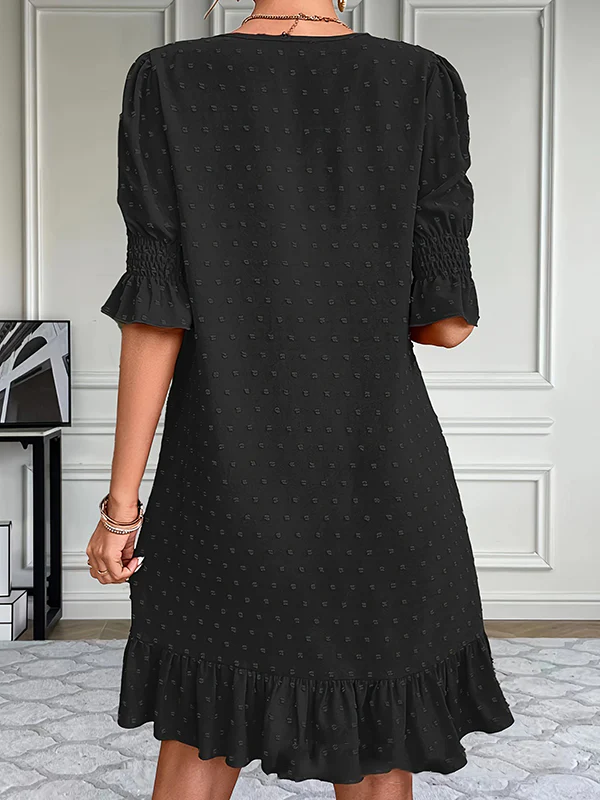 A-Line Flared Sleeves Elasticity Jacquard Pleated Solid Color Split-Joint V-Neck Mini Dresses - Image 12