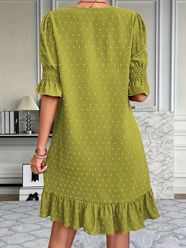 A-Line Flared Sleeves Elasticity Jacquard Pleated Solid Color Split-Joint V-Neck Mini Dresses - Image 13