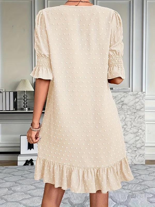 A-Line Flared Sleeves Elasticity Jacquard Pleated Solid Color Split-Joint V-Neck Mini Dresses - Image 14