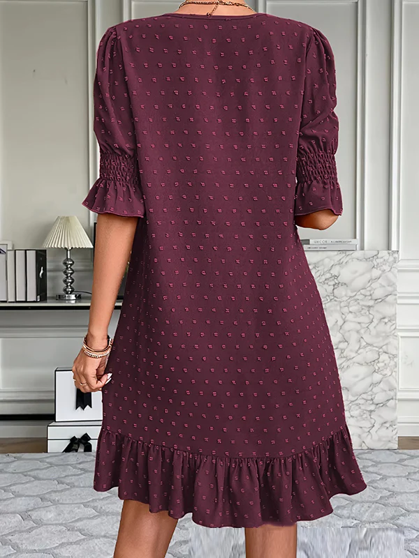 A-Line Flared Sleeves Elasticity Jacquard Pleated Solid Color Split-Joint V-Neck Mini Dresses - Image 15