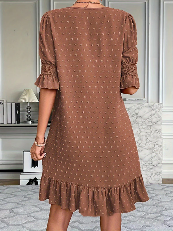 A-Line Flared Sleeves Elasticity Jacquard Pleated Solid Color Split-Joint V-Neck Mini Dresses - Image 16